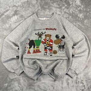 Vintage Wisconsin Wildlife Sweatshirt Funny Jerzees Medium Gray Deer Bear